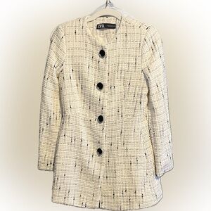 Zara Ivory Cream Tweed Blazer Jacket with Black Button Detail